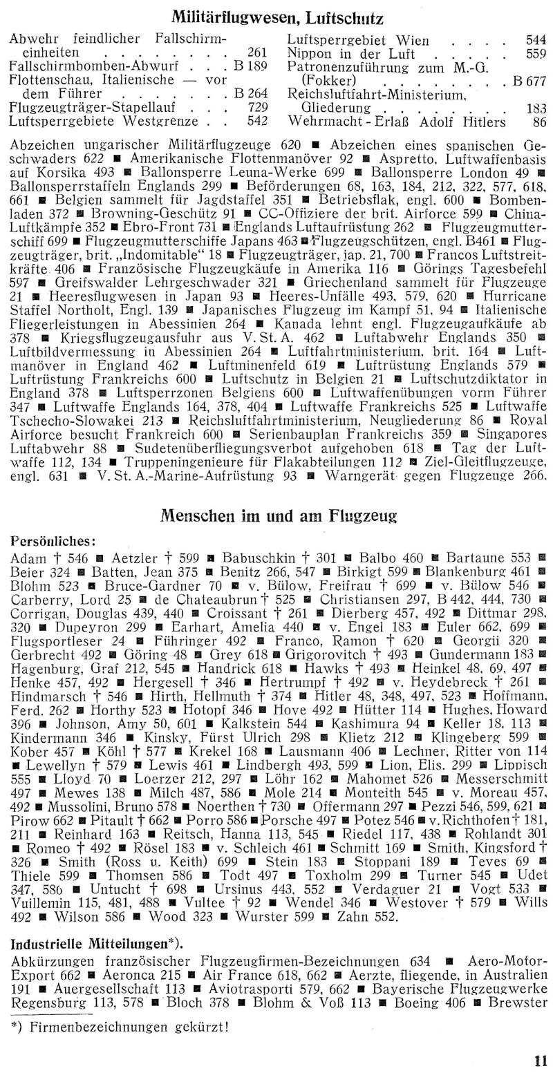 Sachregister und Inhaltsverzeichnis der Zeitschrift Flugsport für das Jahr 1938