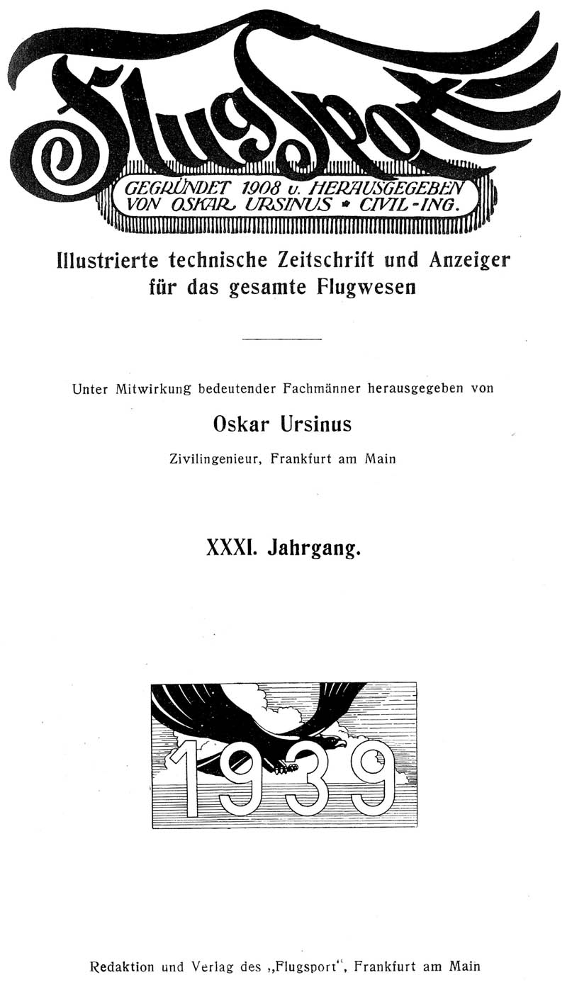 Zeitschrift Flugsport 1939 - Digitaler Volltext und PDF Download -  Luftfahrt - Luftsport - Geschichte - Segelflug - Motorflug - Luftwaffe -  Modellflug - Flugwesen - Luftverkehr