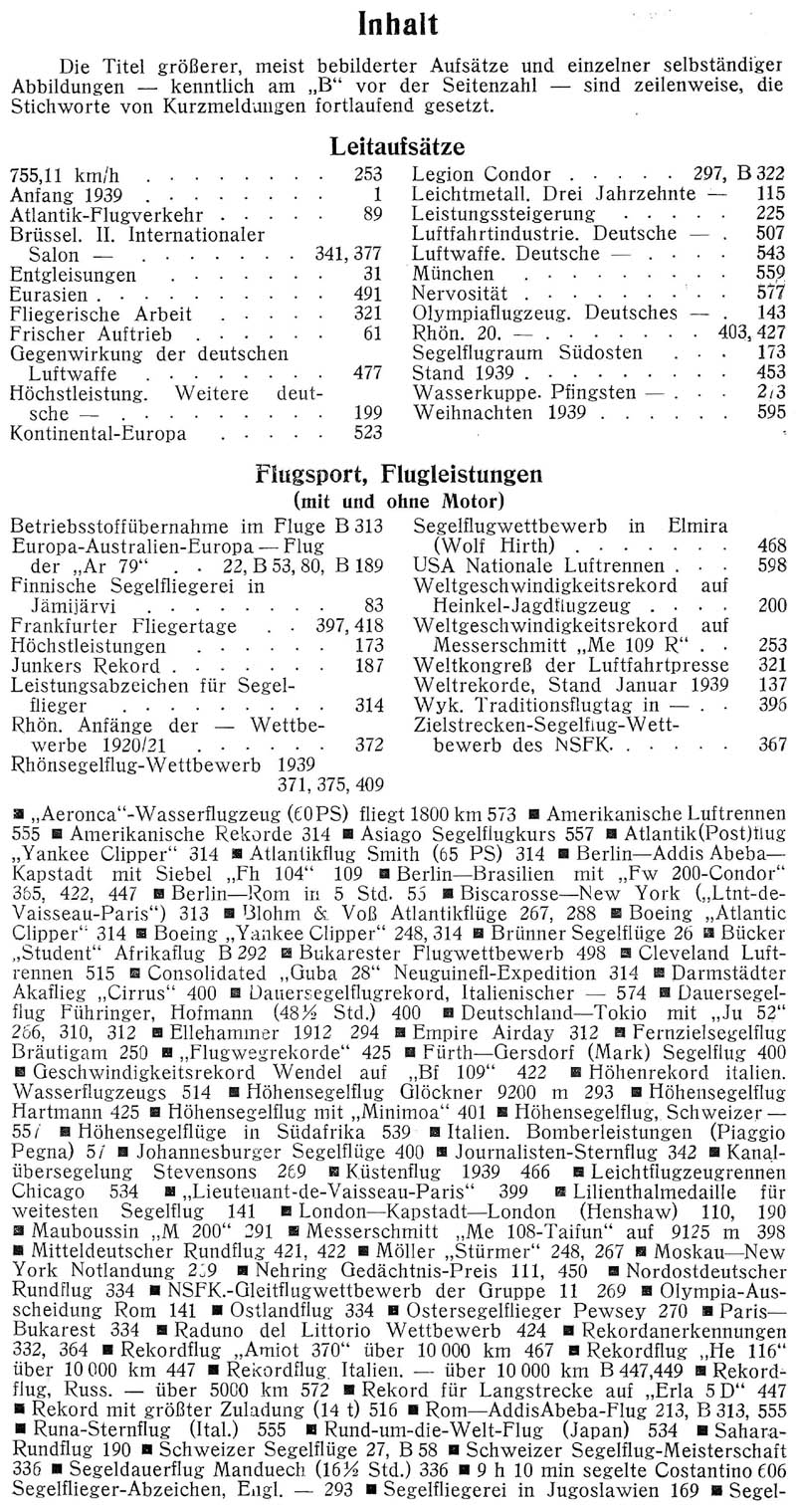 Sachregister und Inhaltsverzeichnis der Zeitschrift Flugsport für das Jahr 1939