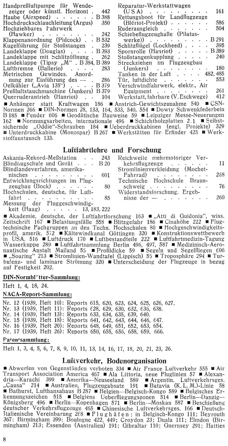 Sachregister und Inhaltsverzeichnis der Zeitschrift Flugsport für das Jahr 1939