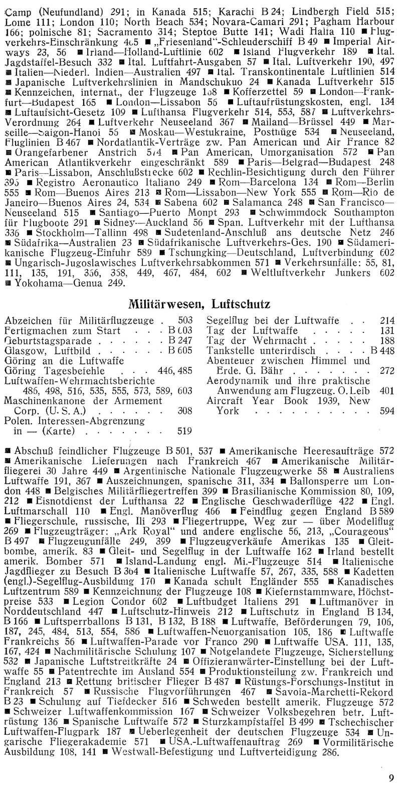 Sachregister und Inhaltsverzeichnis der Zeitschrift Flugsport für das Jahr 1939