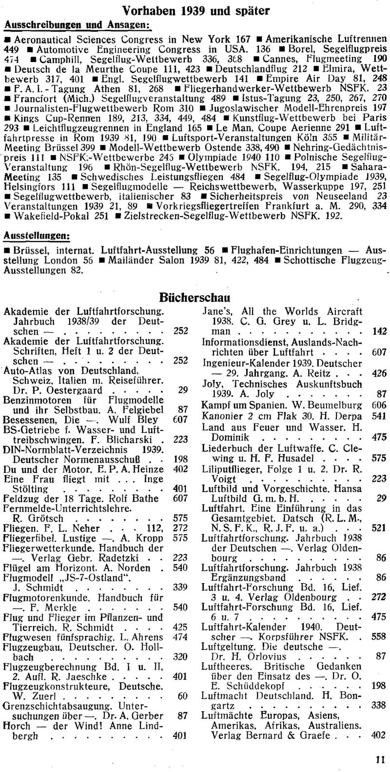 Sachregister und Inhaltsverzeichnis der Zeitschrift Flugsport für das Jahr 1939