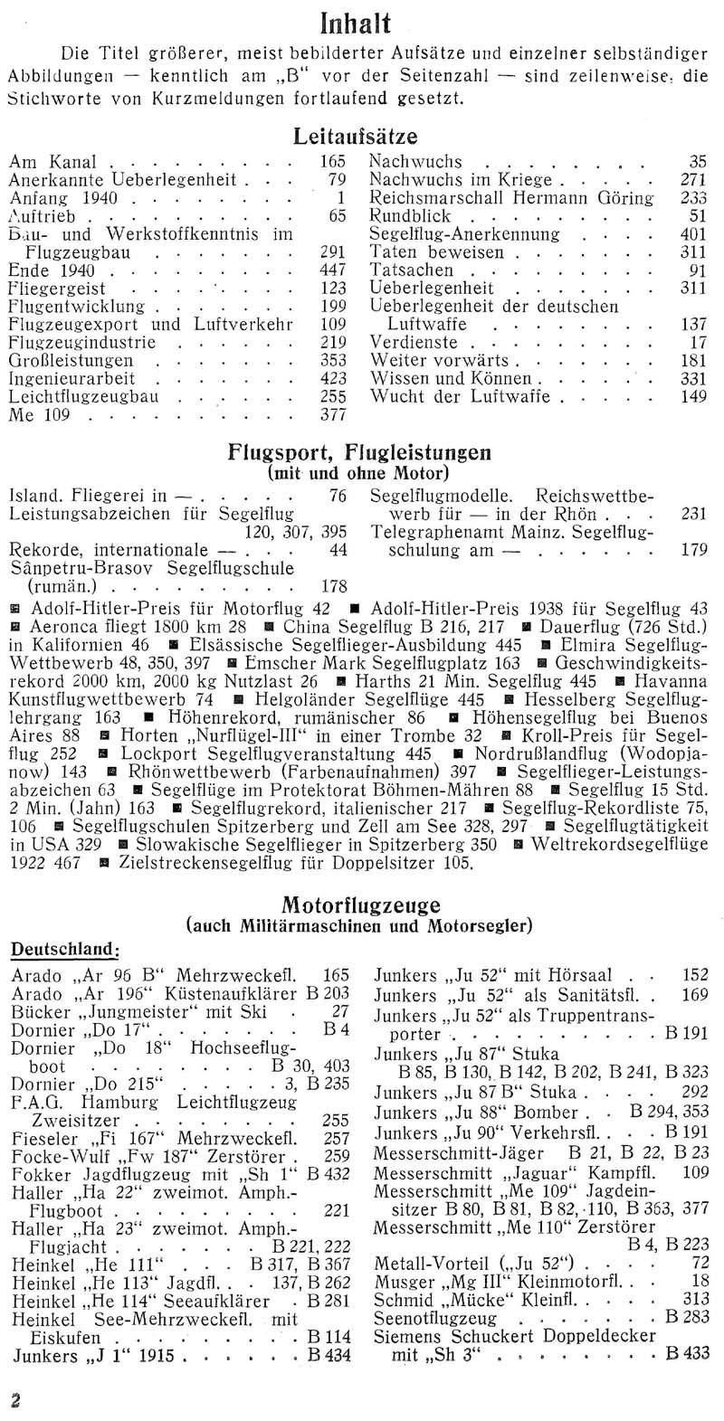 Sachregister und Inhaltsverzeichnis der Zeitschrift Flugsport für das Jahr 1940