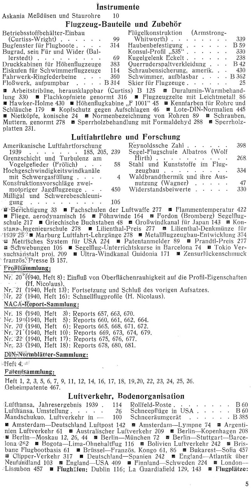 Sachregister und Inhaltsverzeichnis der Zeitschrift Flugsport für das Jahr 1940