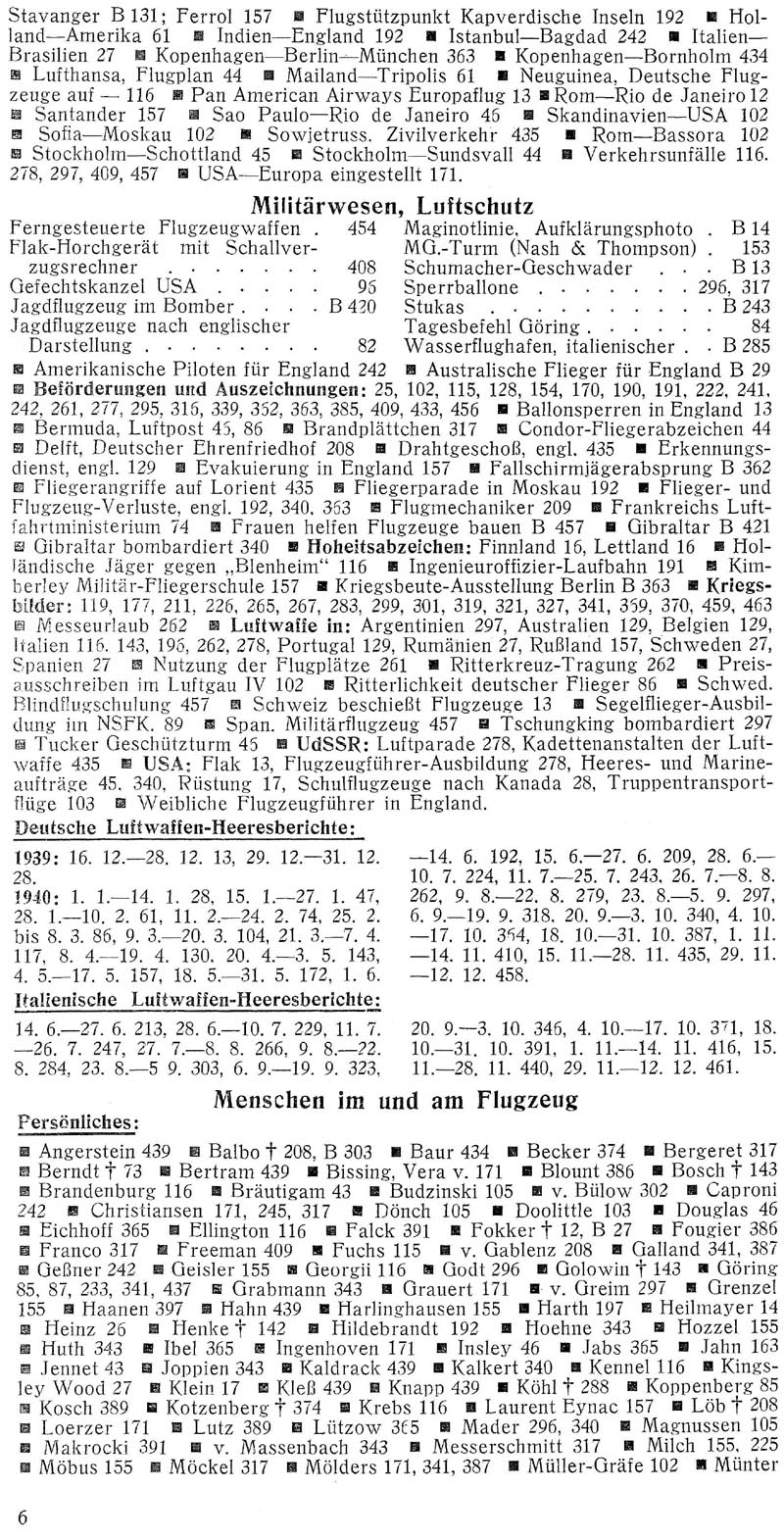 Sachregister und Inhaltsverzeichnis der Zeitschrift Flugsport für das Jahr 1940