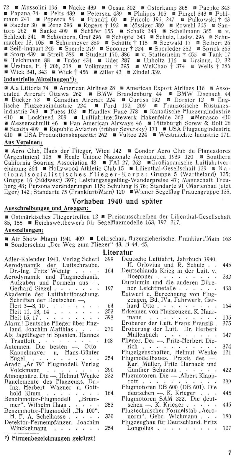 Sachregister und Inhaltsverzeichnis der Zeitschrift Flugsport für das Jahr 1940