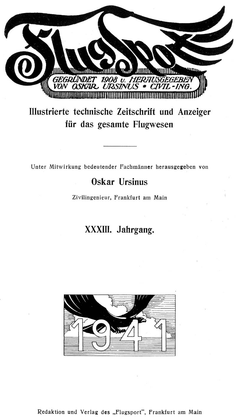 Sachregister und Inhaltsverzeichnis der Zeitschrift Flugsport für das Jahr 1941