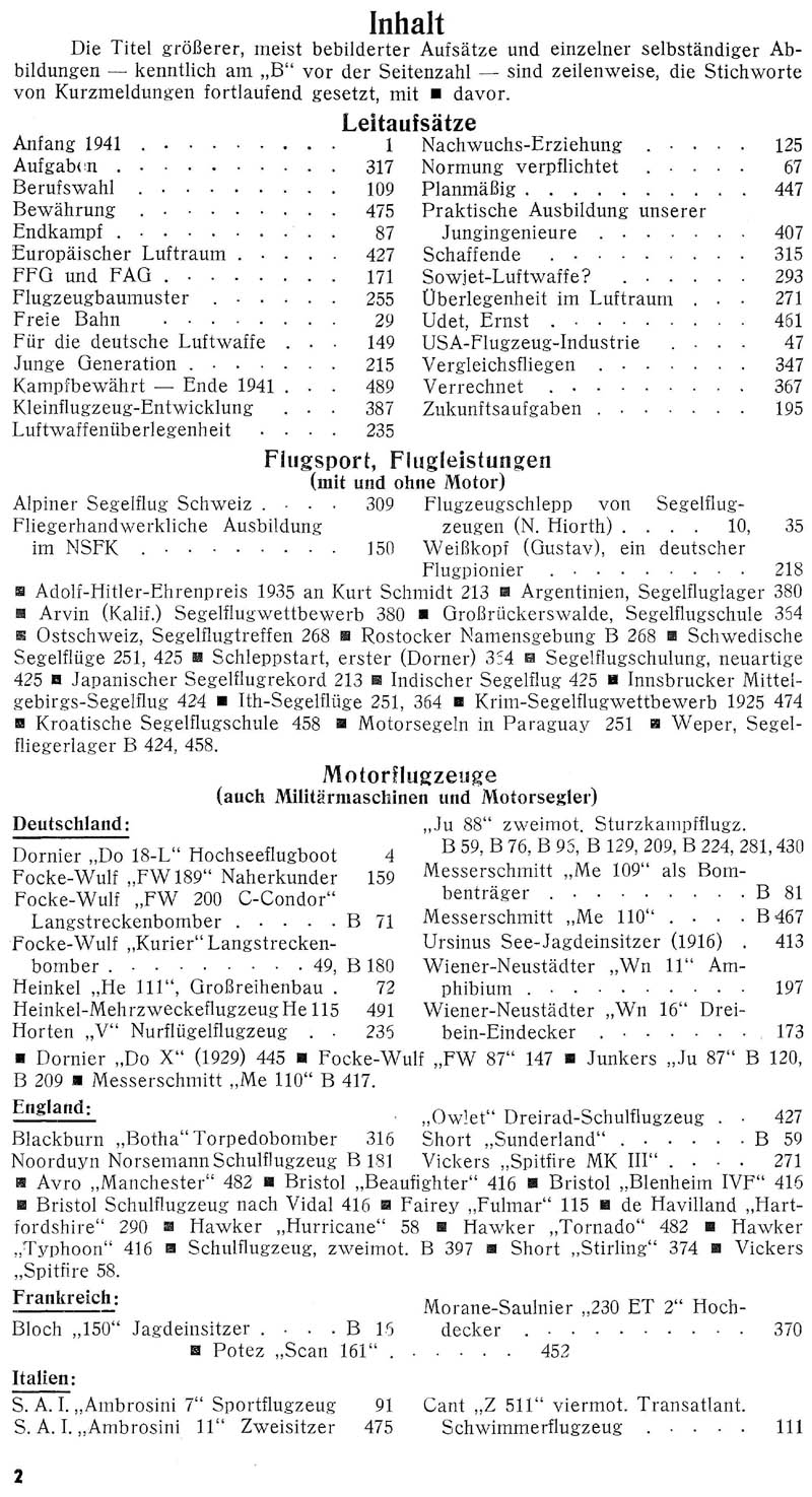 Sachregister und Inhaltsverzeichnis der Zeitschrift Flugsport für das Jahr 1941