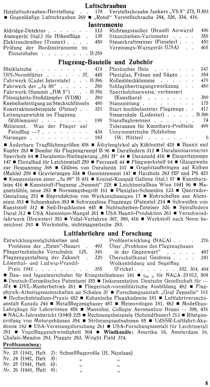 Sachregister und Inhaltsverzeichnis der Zeitschrift Flugsport für das Jahr 1941