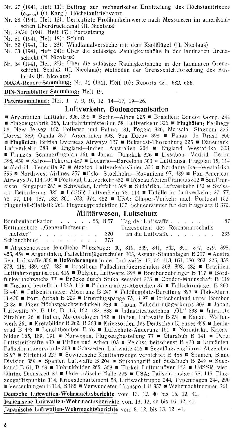 Sachregister und Inhaltsverzeichnis der Zeitschrift Flugsport für das Jahr 1941