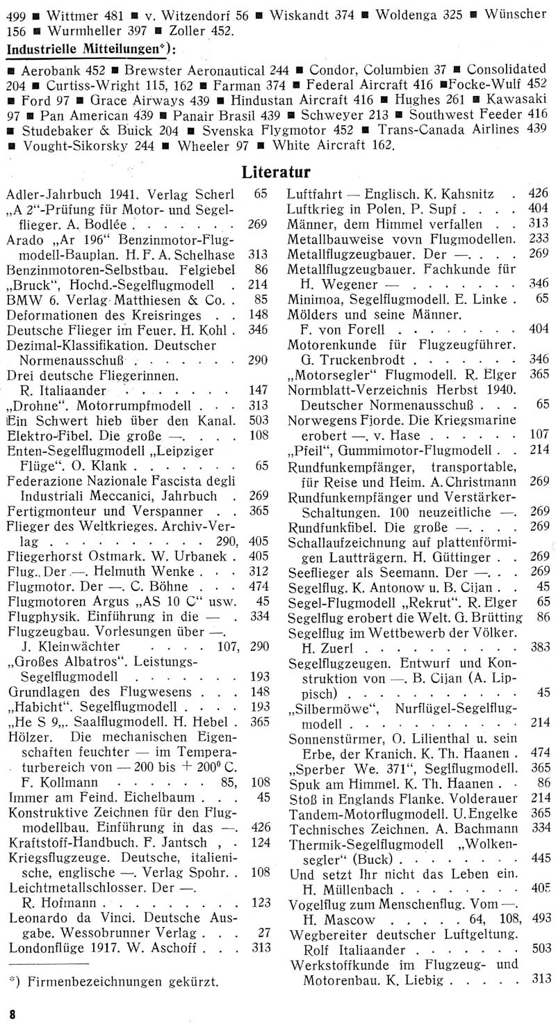 Sachregister und Inhaltsverzeichnis der Zeitschrift Flugsport für das Jahr 1941