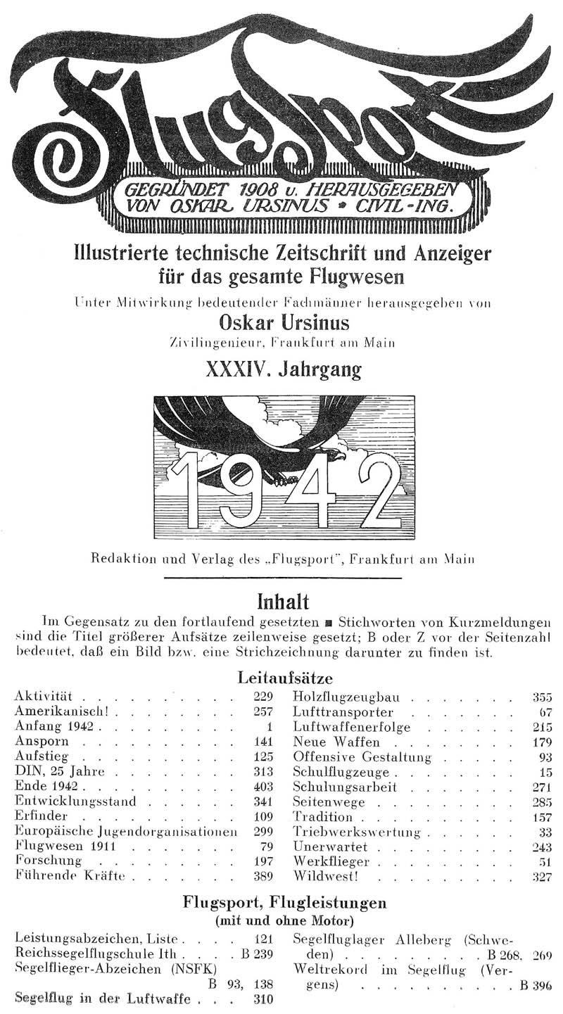 Sachregister und Inhaltsverzeichnis der Zeitschrift Flugsport für das Jahr 1942