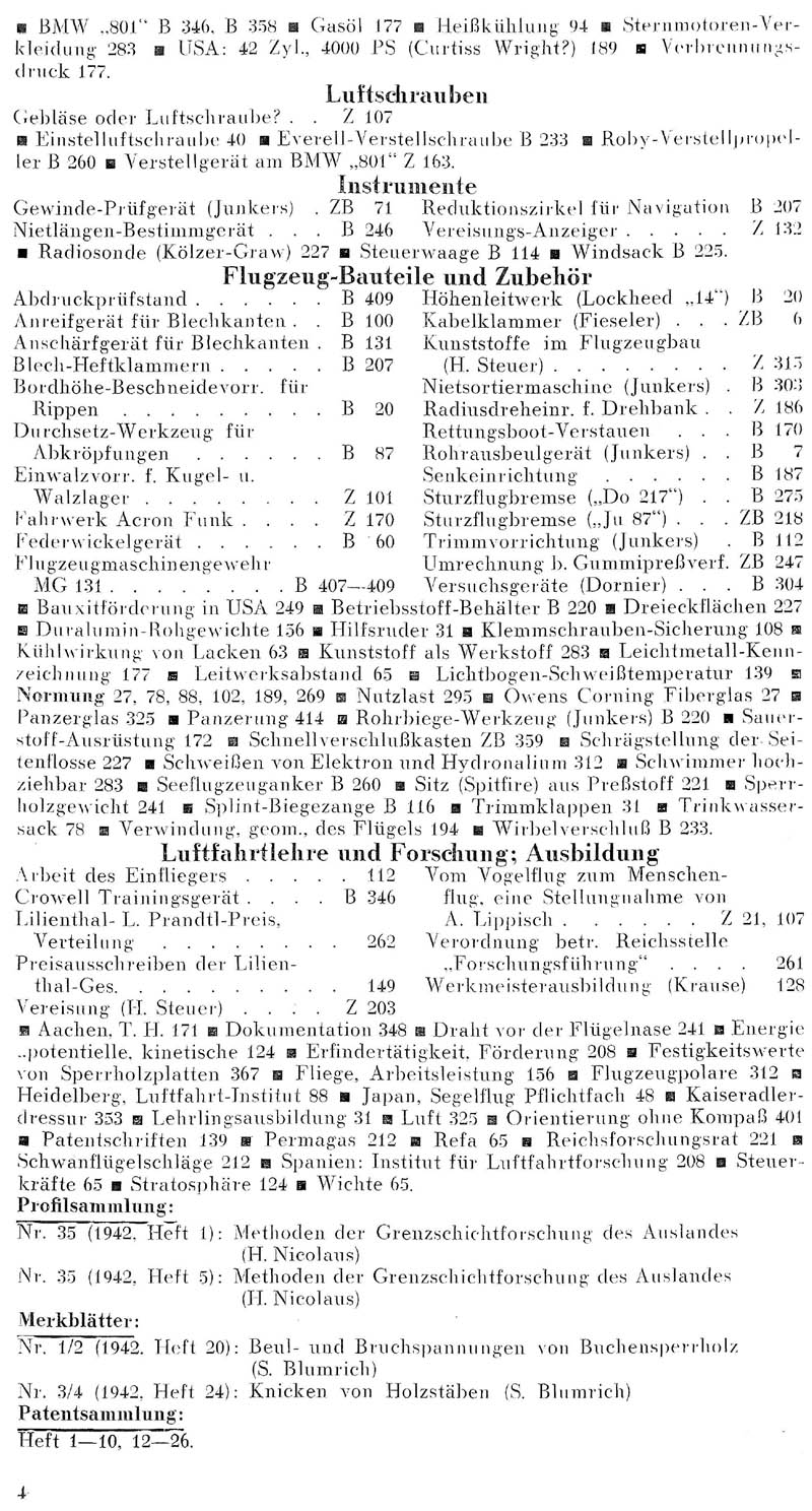 Sachregister und Inhaltsverzeichnis der Zeitschrift Flugsport für das Jahr 1942