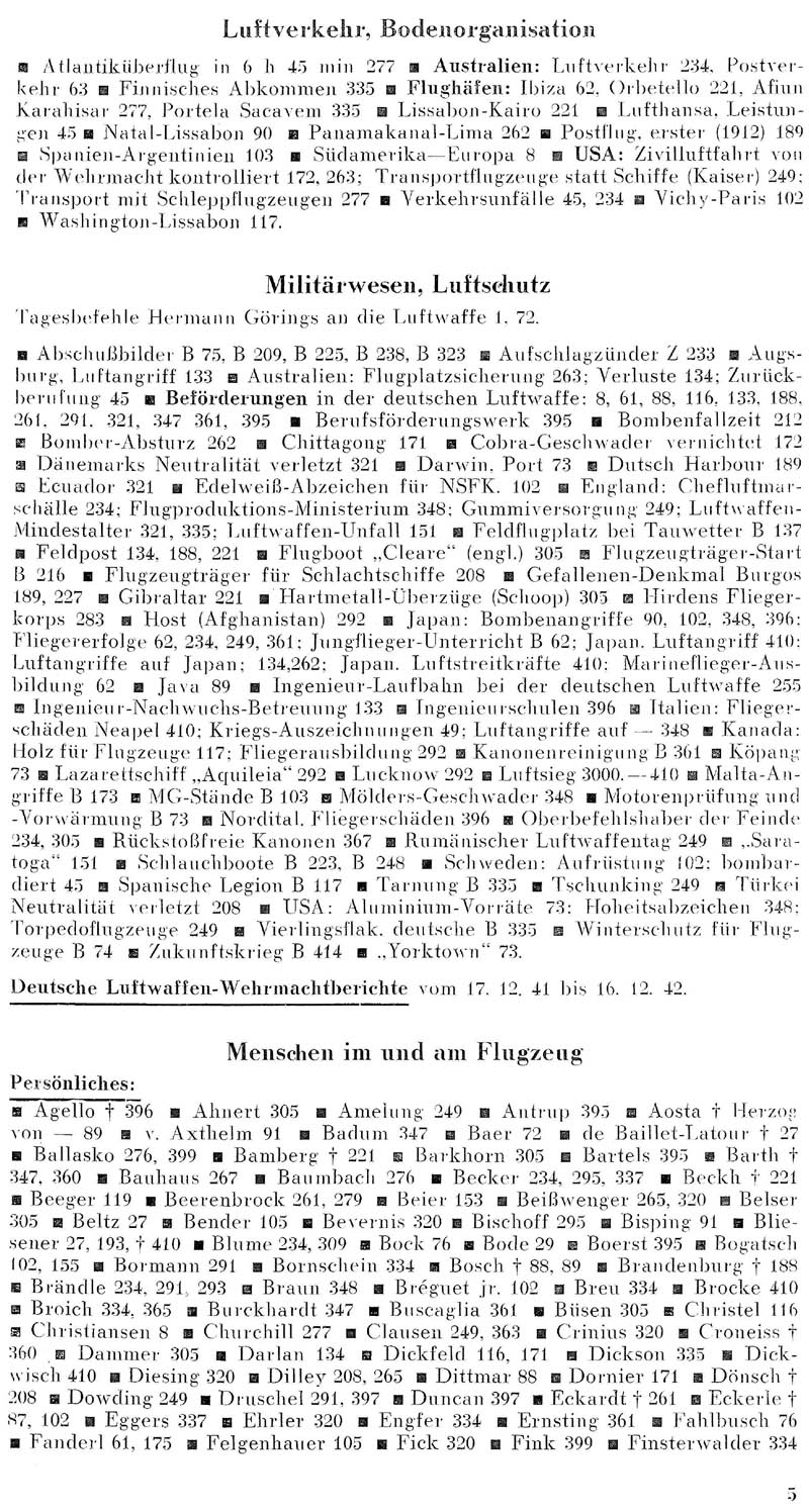 Sachregister und Inhaltsverzeichnis der Zeitschrift Flugsport für das Jahr 1942