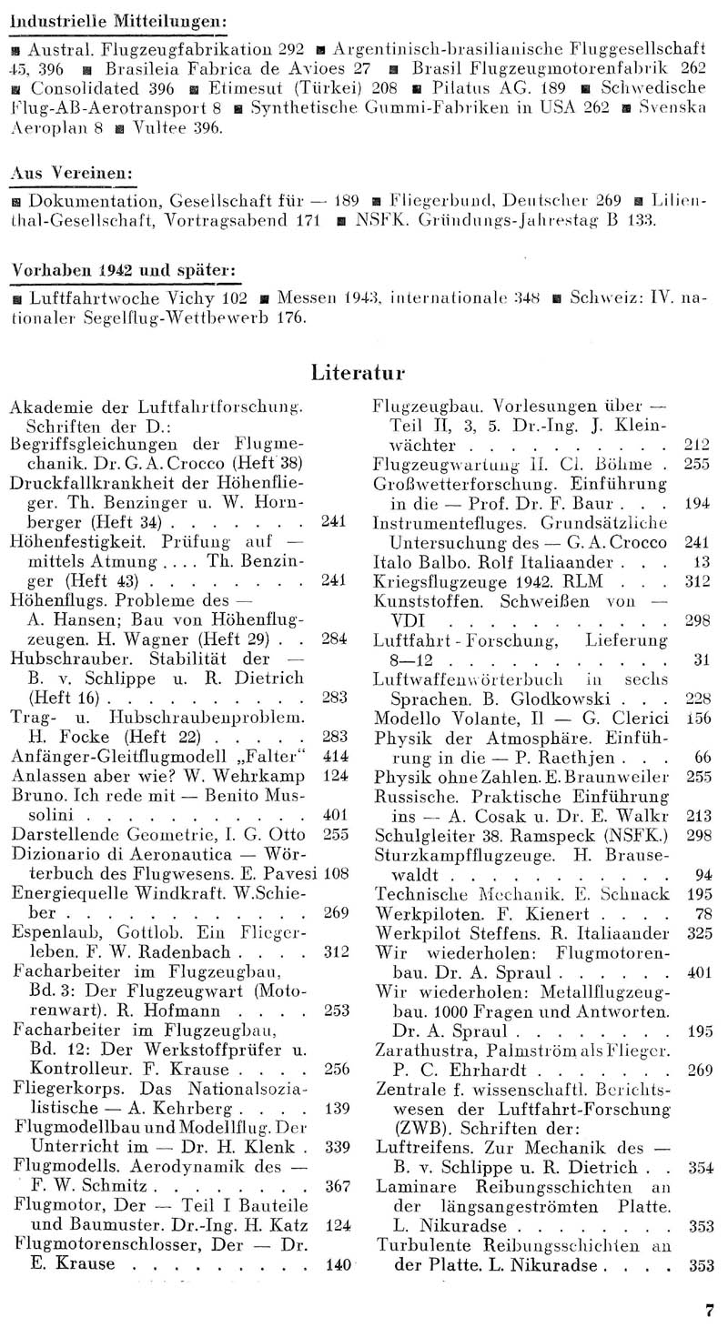 Sachregister und Inhaltsverzeichnis der Zeitschrift Flugsport für das Jahr 1942