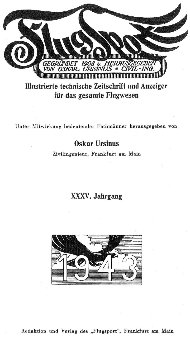 Sachregister und Inhaltsverzeichnis der Zeitschrift Flugsport für das Jahr 1943