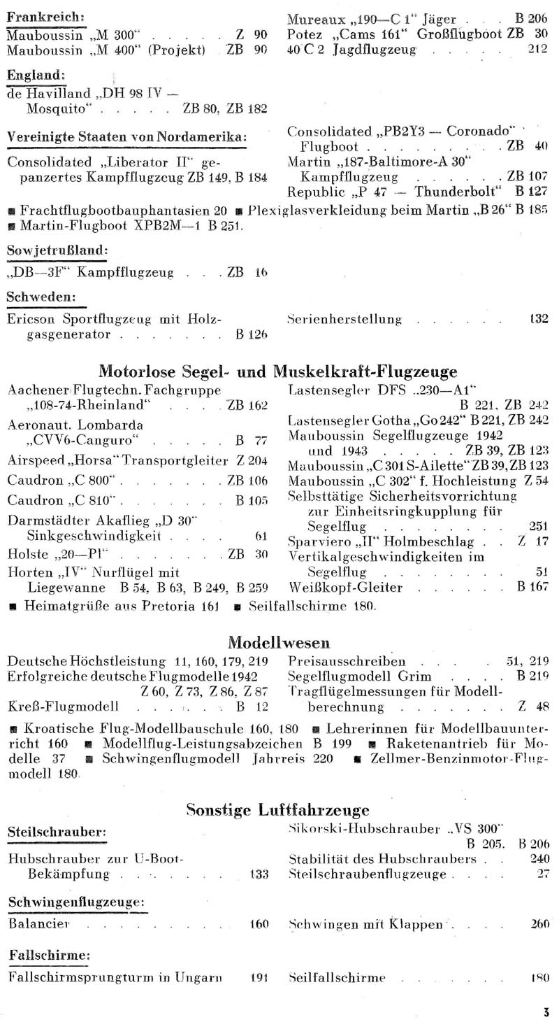 Sachregister und Inhaltsverzeichnis der Zeitschrift Flugsport für das Jahr 1943