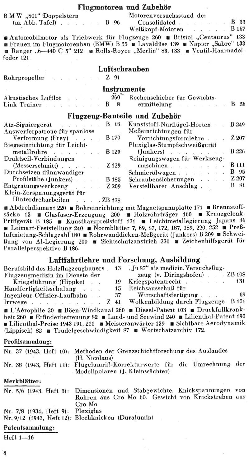 Sachregister und Inhaltsverzeichnis der Zeitschrift Flugsport für das Jahr 1943
