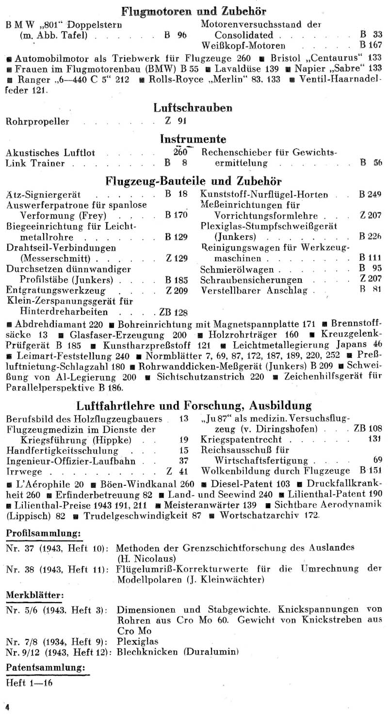 Sachregister und Inhaltsverzeichnis der Zeitschrift Flugsport für das Jahr 1943