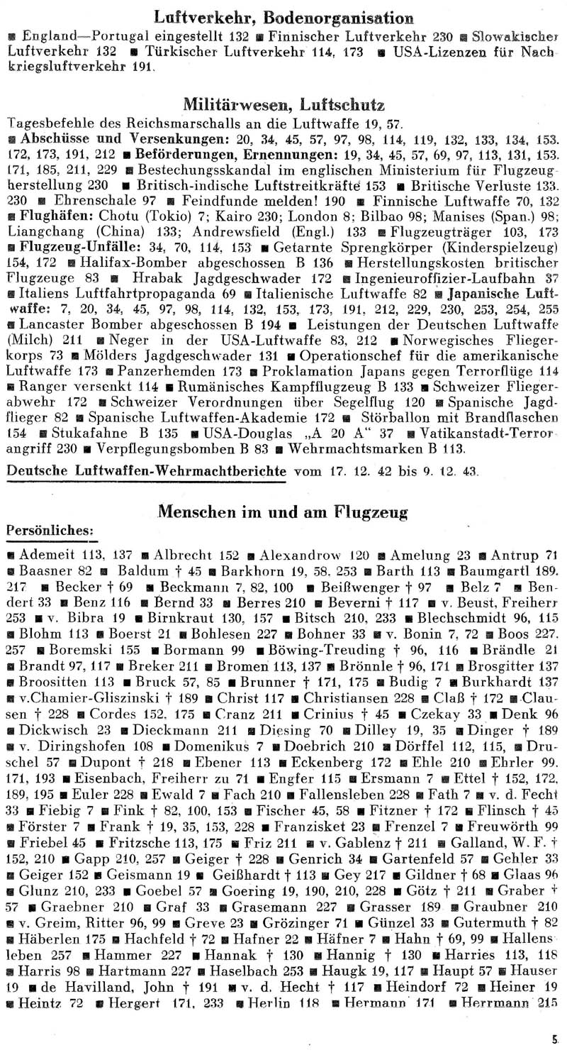 Sachregister und Inhaltsverzeichnis der Zeitschrift Flugsport für das Jahr 1943